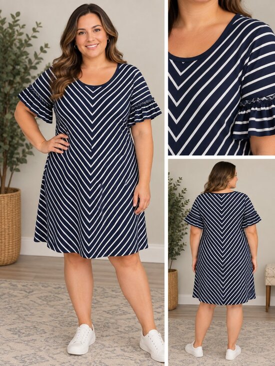 Kim Rogers Dresses & Skirts - Kim Rogers Navy & White Striped V-Neck Ruffle Sleeve Midi Dress, Size 1X 💙
